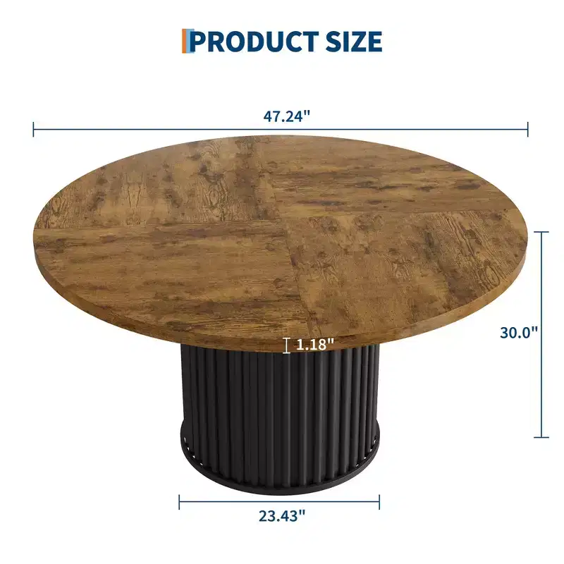 47 Large Round Dining Table for 4-6, Wooden Kitchen Circle Table with Heavy Duty Waveform Metal Pedestal Base for Home and Dining Room