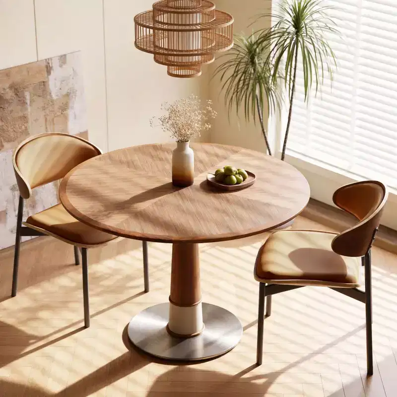 47.24 Round Dining Table Stainless Steel Base Wood Top Pedestal Kitchen Table for 4 People Modern Circle Desk Gaoyangjiaju