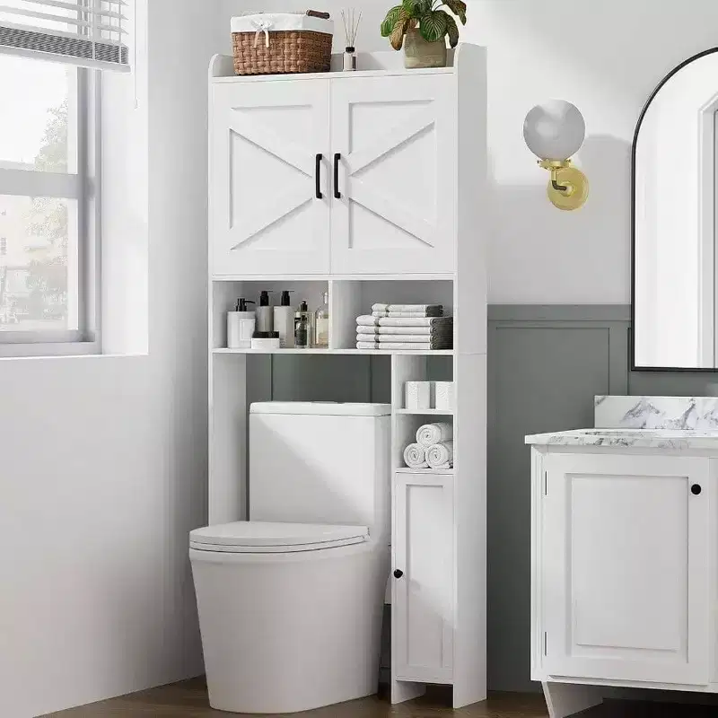 Over Toilet Storage Cabinet with 2 Barn Doors and Holder Stand White Free Standing Bathroom Shelf Space Saver Restroom Laundry