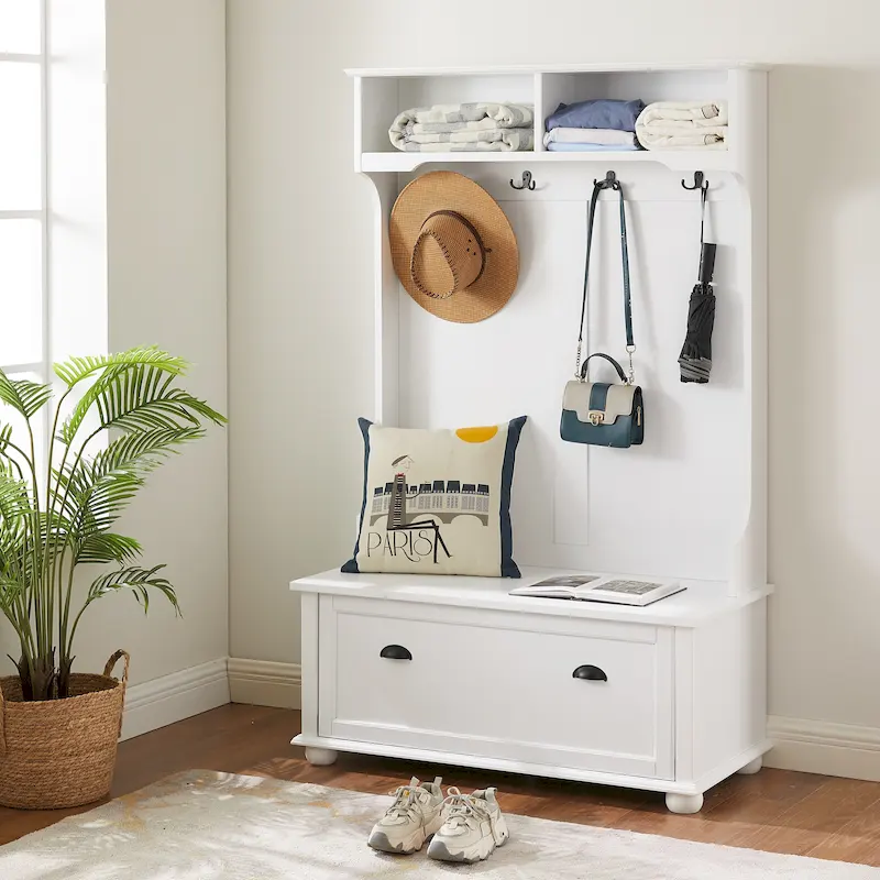 Modern Classic Hall Tree with Shoe Rack Bench and Coat Hooks for Hanging Storage