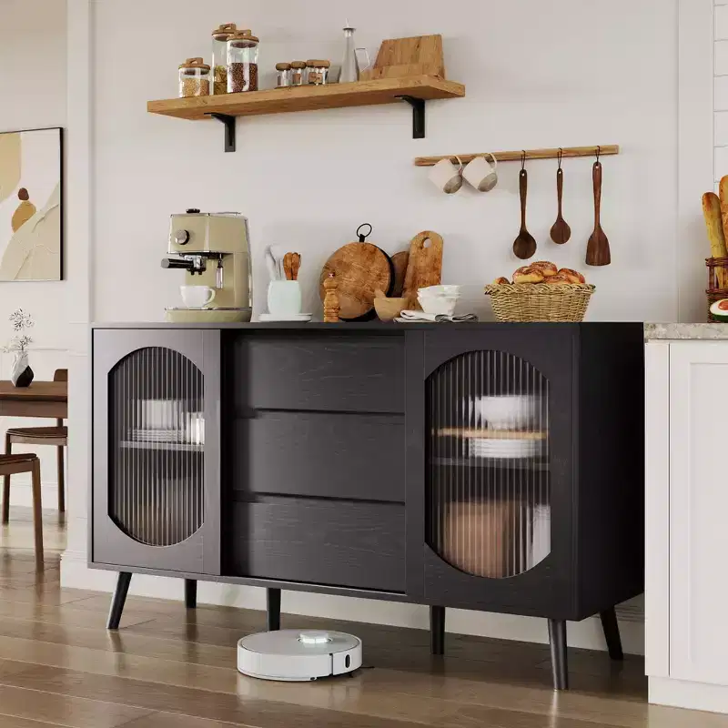 Sideboard Buffet Cabinet with Fluted Glass Doors and Drawers, Cabinet with Storage, Black Sideboard for Kitchen, Dining Room, Living Room