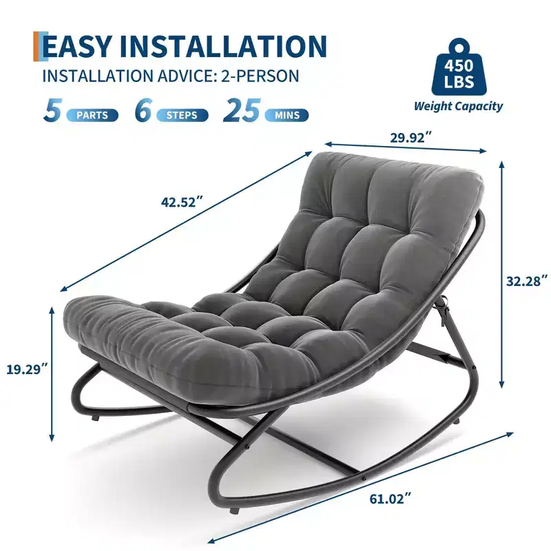 2PCS Oversized Papasan Rocking Chair, Modern Egg Chair with Plush Cushion, Sturdy Indoor Lounge Recliner for Living Room, Bedroom & Covered Porch
