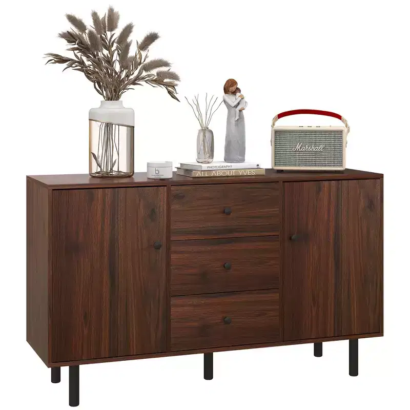 HOMCOM Storage Sideboard, Credenza Cabinet with 2 Cupboards, 3 Drawers and Adjustable Shelves, Buffet Table for Living Room, Entryway, Rustic Brown