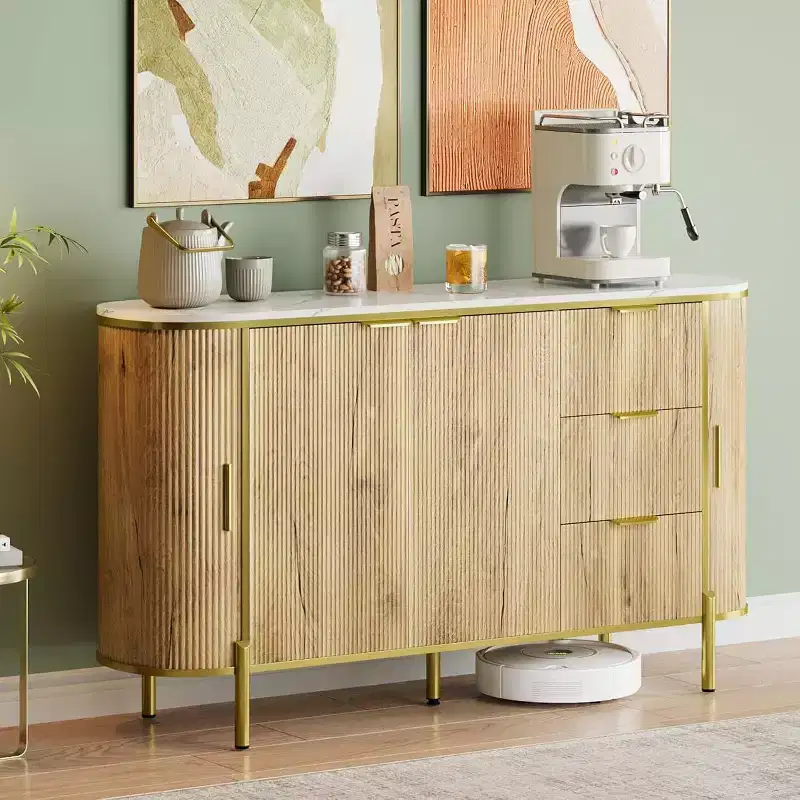 59 Modern Oval Sideboard Cabinet, Fluted Buffet Cupboard with 3 Drawers & Adjustable Shelf, Large Wood Console for Dining Room, Kitchen