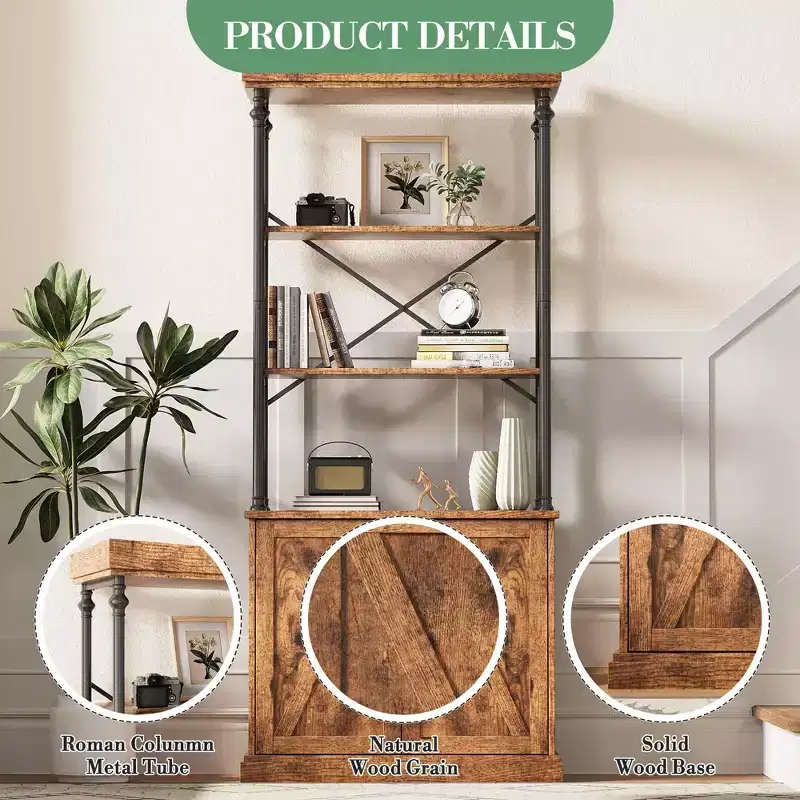 Bookcase with Doors, 74 Tall Wood & Metal Bookshelf with Storage Cabinet, Vintage Open Shelf