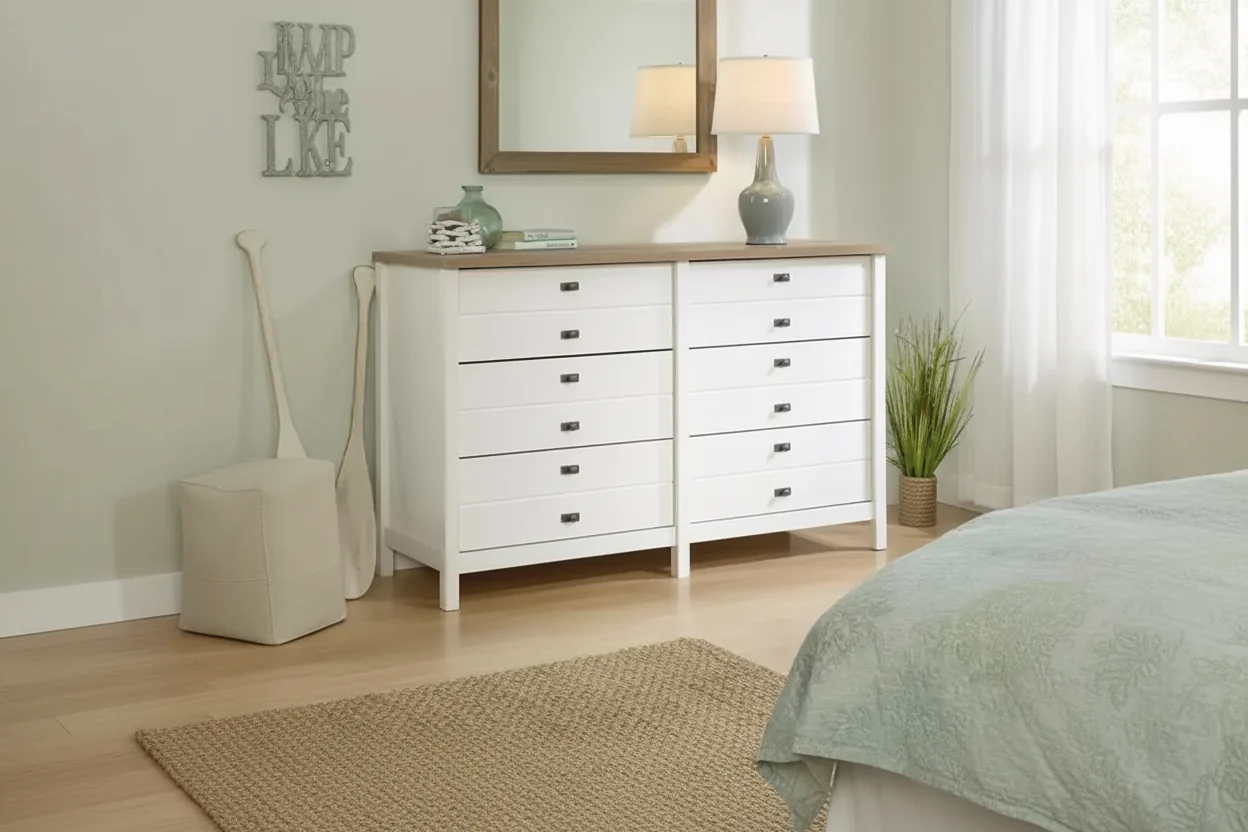 6-Drawer Wide Dresser Two-Tone Finish with Metal Hardware