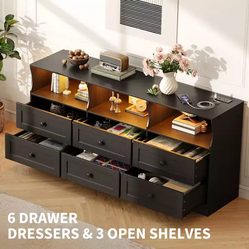 63 Inch 6-Drawer RGB Dresser with Power Outlet & Open Shelves, Wooden TV Stand Cabinet for Living Room/Bedroom, Black