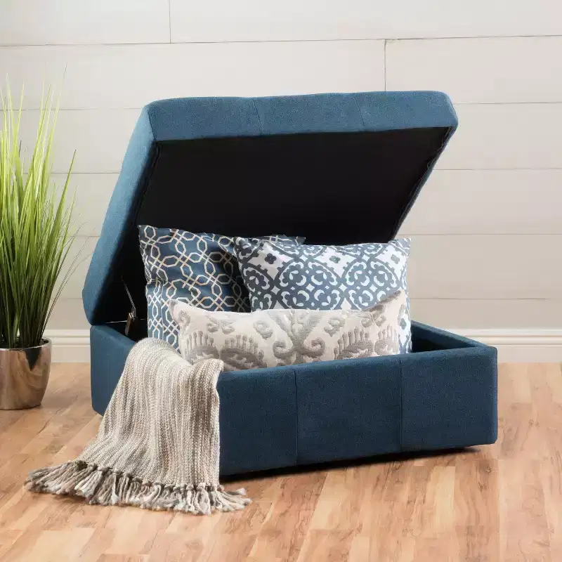 TUYOHW Square Storage Ottoman with Large Capacity, Entryway Bench with Pressure Hinges, Foot Stool End of Bed Bench for Living Room, Navy Blue