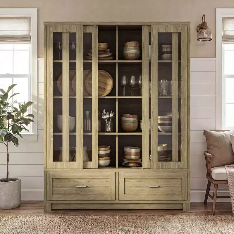 Hitow 63W Rustic Oak Kitchen Pantry Cabinet with Sliding Glass Doors & 2 Large Drawers  Tall Storage Hutch for Dining Room