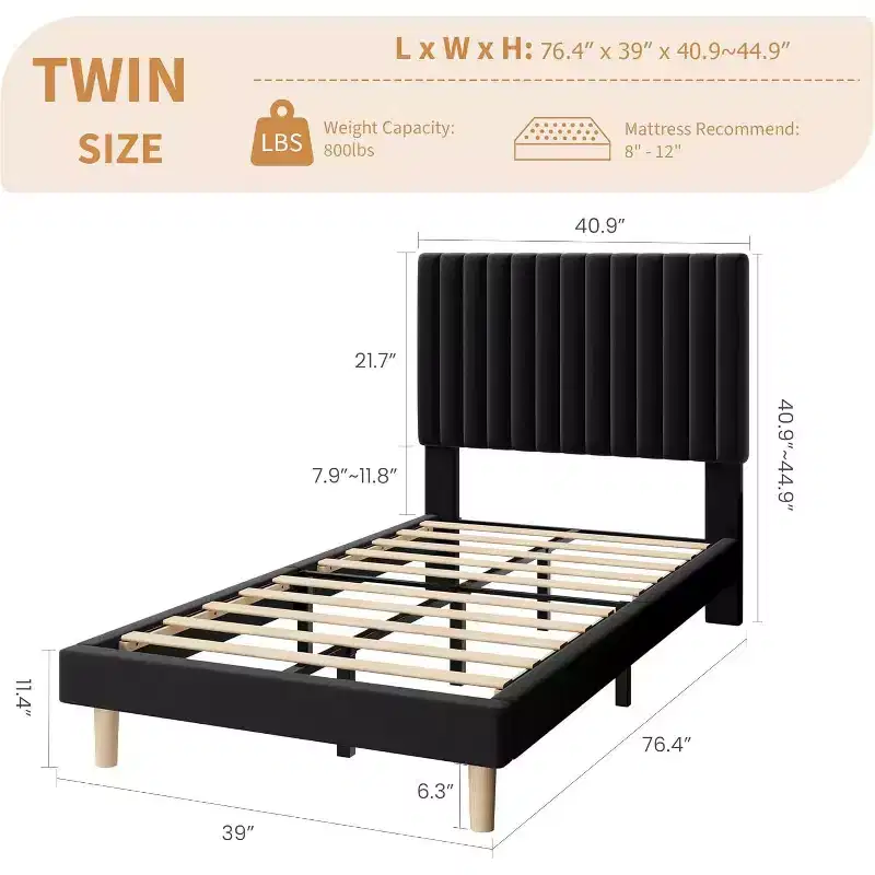 Velvet Bed Frame, Vertical Channel Tufted Headboard, Height Adjustable, Upholstered Platform Bed, No Box Spring Needed