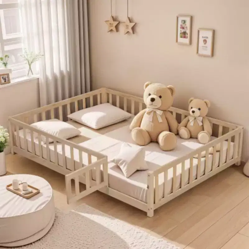 Full Size Floor Platform Bed with Fence and Door