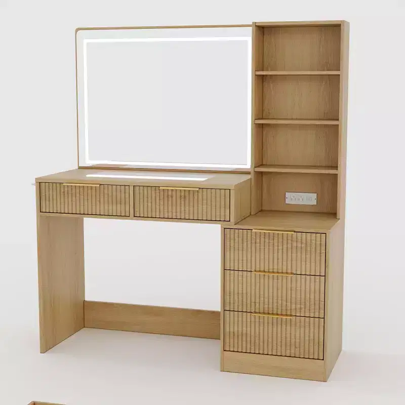 Vanity Desk with Mirror, 5 Drawers Glass Top Hairdryer Rack Wave Texture Makeup Table for Bedroom