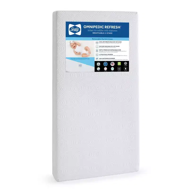 Sealy OmniPedic Refresh Breathable Knit 2-Stage Crib Mattress - Off White: Hypoallergenic, Waterproof Cover, Firm/Soft Foam, High-Density Foam