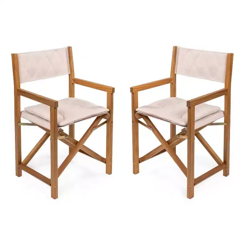 Waldo Classic Mid-Century Outdoor Acacia Wood Foldable Diamond-Quilted Back Director Chair with Cushion (Set of 2) - JONATHAN Y
