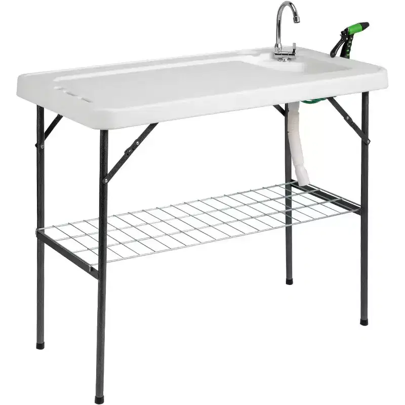 White Foldable Outdoor Sink Table with Faucet – 1-Sink, Seats 2, Rectangle