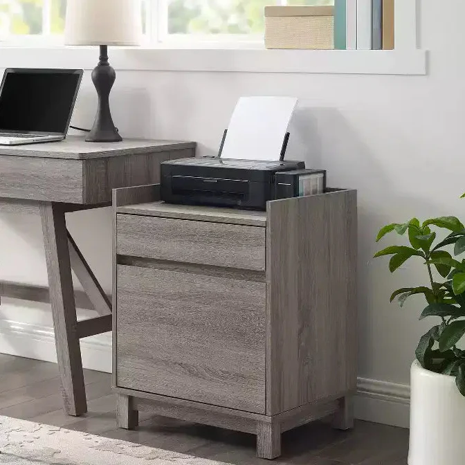 Modern Lateral File Cabinet with 1 File Drawer and 1 Small Drawer, Gray Wood