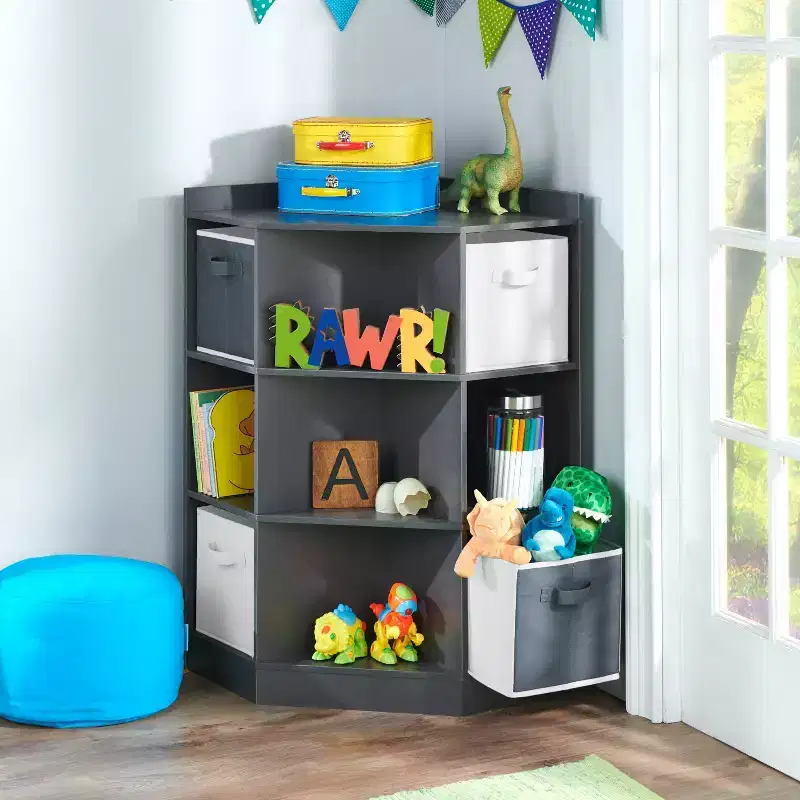 Corner Cubby Storage Unit with 4 Reversible Baskets Charcoal: 9 Compartments, 10 Shelves, MDF Frame