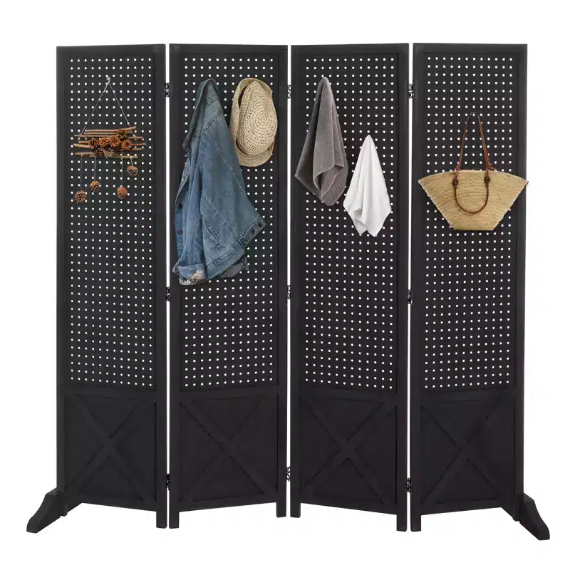 VINGLI 4 Panel Freestanding Pegboard with Feet, 5 FT Wood Room Divider Display Board, Partition Space Separator for Craft Shows Retail (Black)