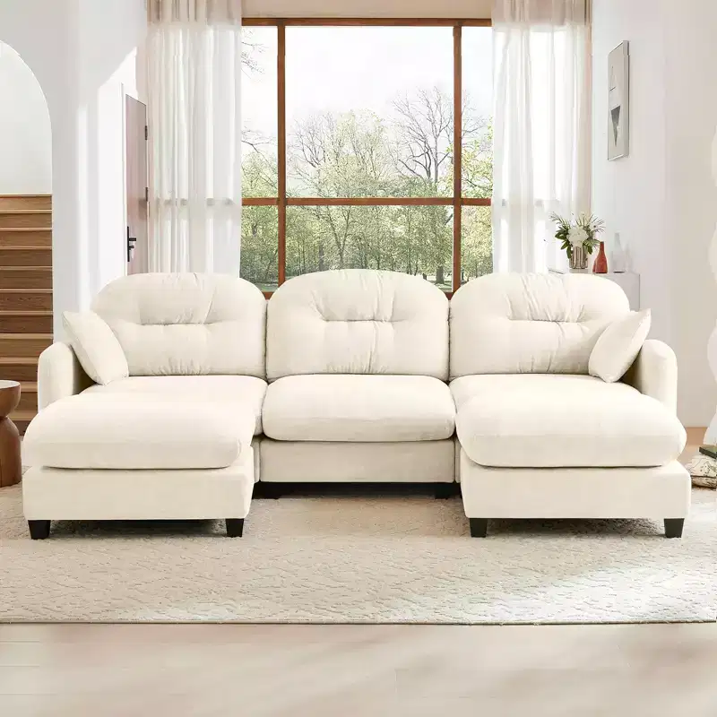 3-Seater Beige Modular Chenille Fabric Sectional U Shaped Couch With 2 Ottomans and 2 Throw Pillows for Living room