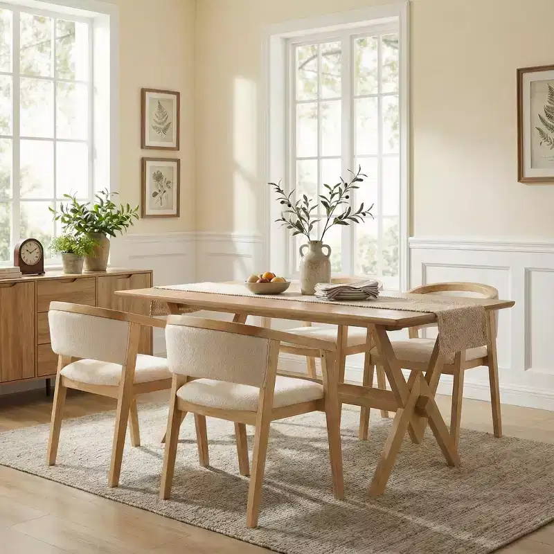 Christopher Knight Home Simon 5 Piece Mid-Century Modern Rubberwood Dining Set with Boucle Upholstered Chairs