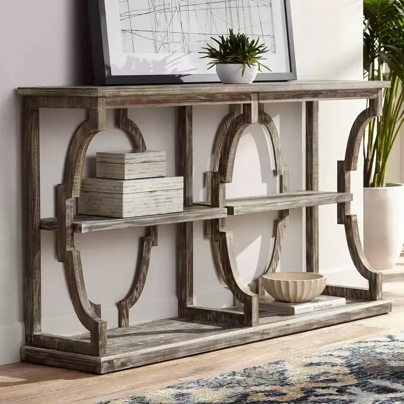 Farmhouse Rustic Chestnut Wood Console Table 64 x 15 with Bookshelf Brown 3-Tier for Living Room Bedroom Bedside House