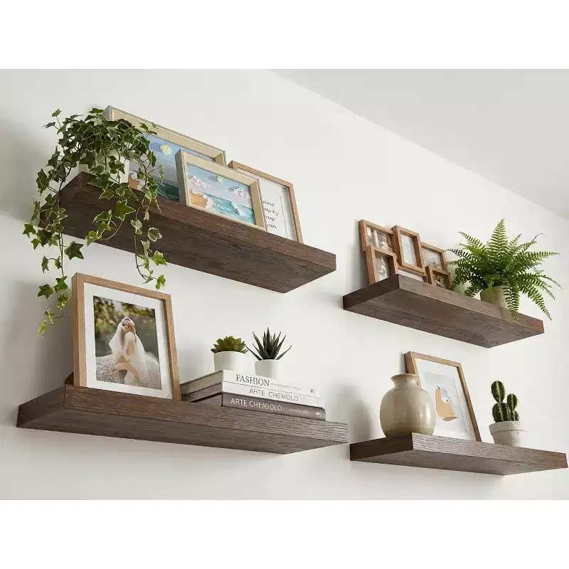 5 Pcs Rustic Brown Floating Wall Shelves, Living Room Kitchen Photo Display Hanging Shelves, Display Shelves for Picture Frames, Wall Decor