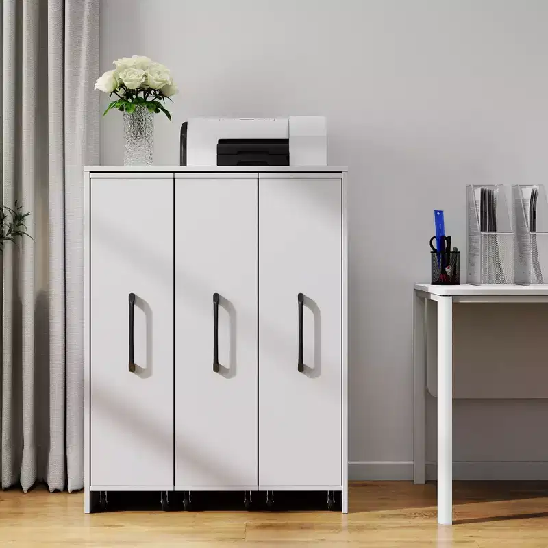 3-Door Sliding Bookcase, 3 Tier Floor Standing Bookcase with Pull-Out Storage and Casters - White