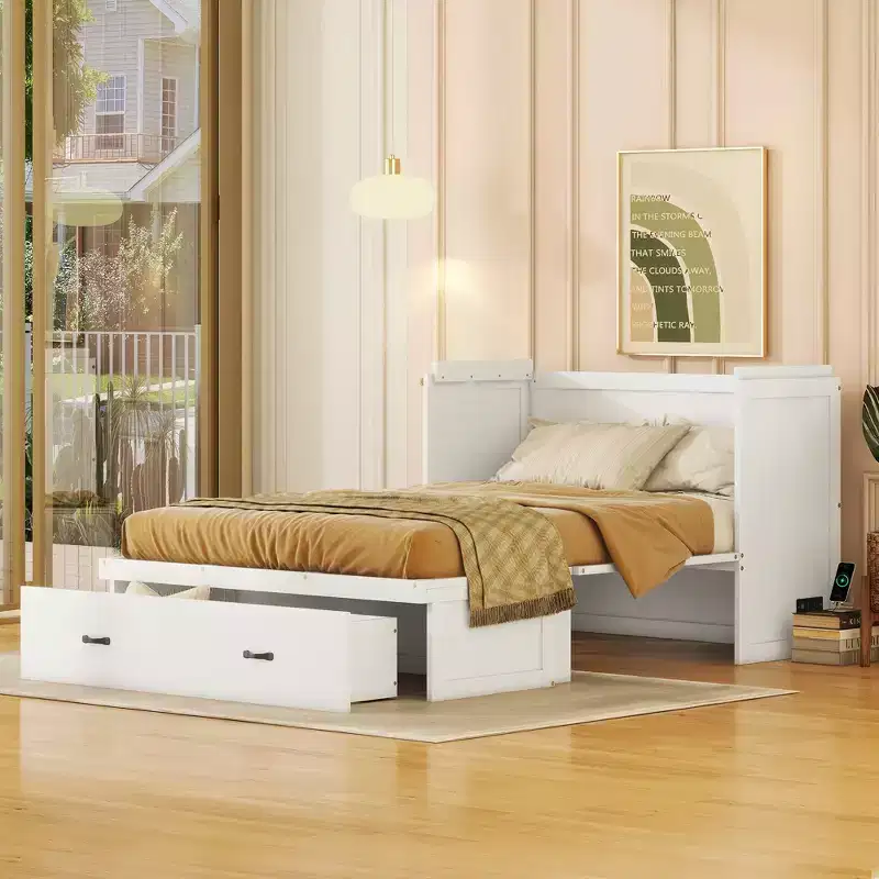 Murphy Bed Cabinet Full, Wood Mobile Murphy Chest Bed with USB Ports and Storage Drawers, White