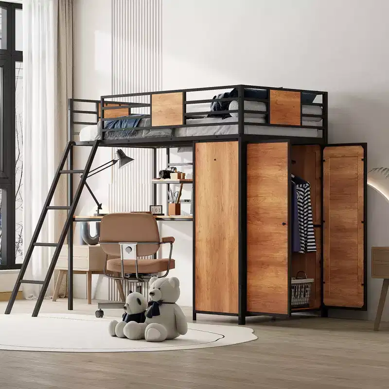 Twin Size Loft bed with L-Shape Desk and Wardrobe 4B - ModernLuxe