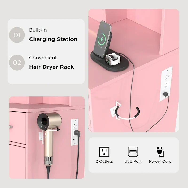 Roundhill Furniture Lavin Makeup Vanity Set, LED Light Mirror and Charging Station