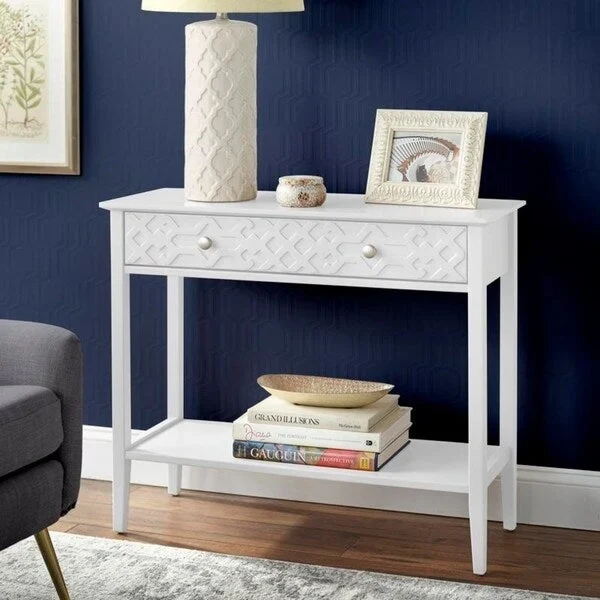 MDF Console Table with Geometric Drawer and Open Shelf – White / Blush Pink / Mint, 1-Unit
