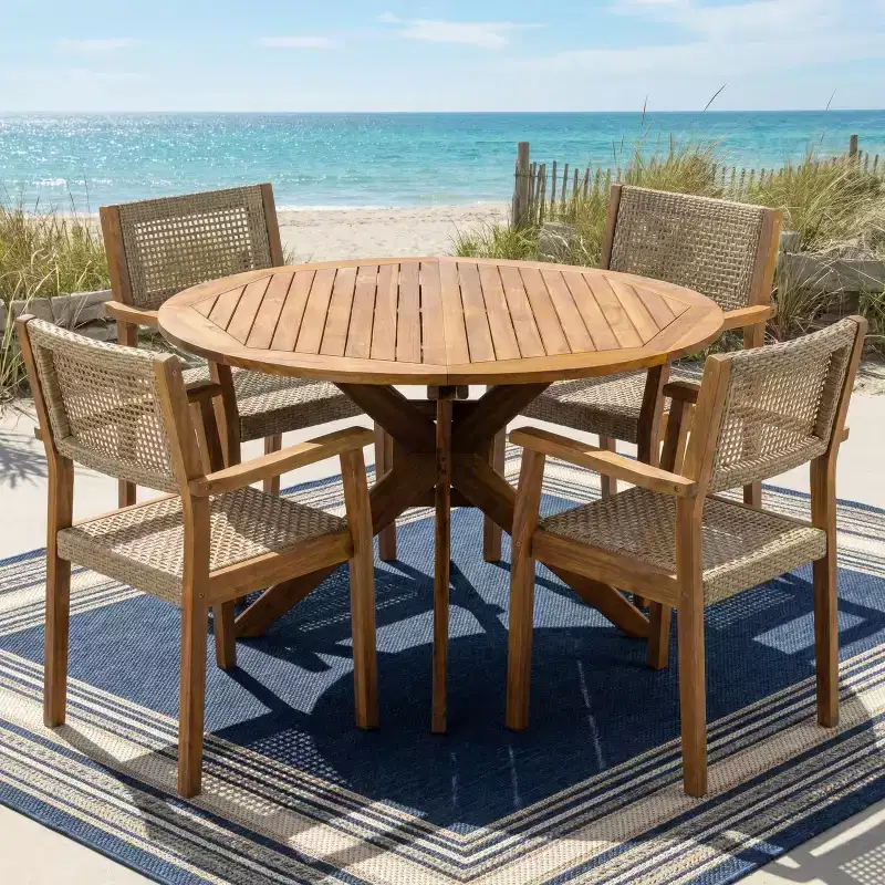 Christopher Knight Home Lucian 5 Piece Patio Farmhouse Acacia Wood Wicker Dining Set with Cushions and Slatted Table