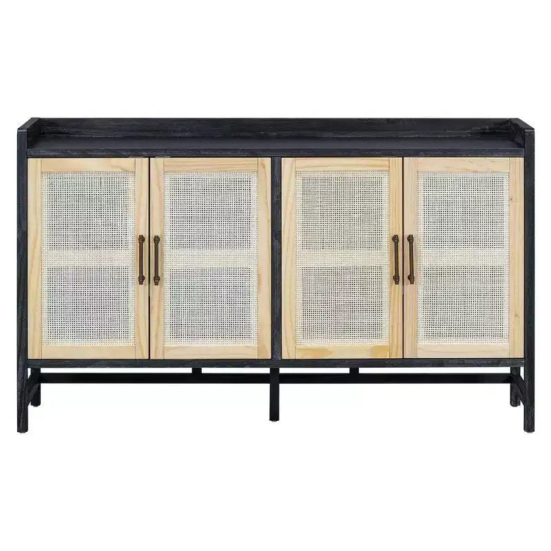 Sideboard Buffet Cabinet with Decorative Rattan Doors, Storage for Dining and Living Room, Black+Natural