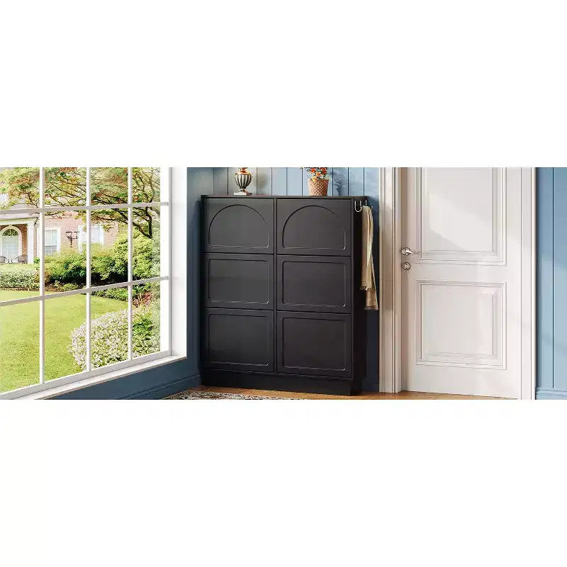 VIYET 49 6-Flip-Drawer Narrow Shoe Cabinet, Black MDF Cream-Style Organizer w/ Adjustable Shelves & 3 Silver Hooks