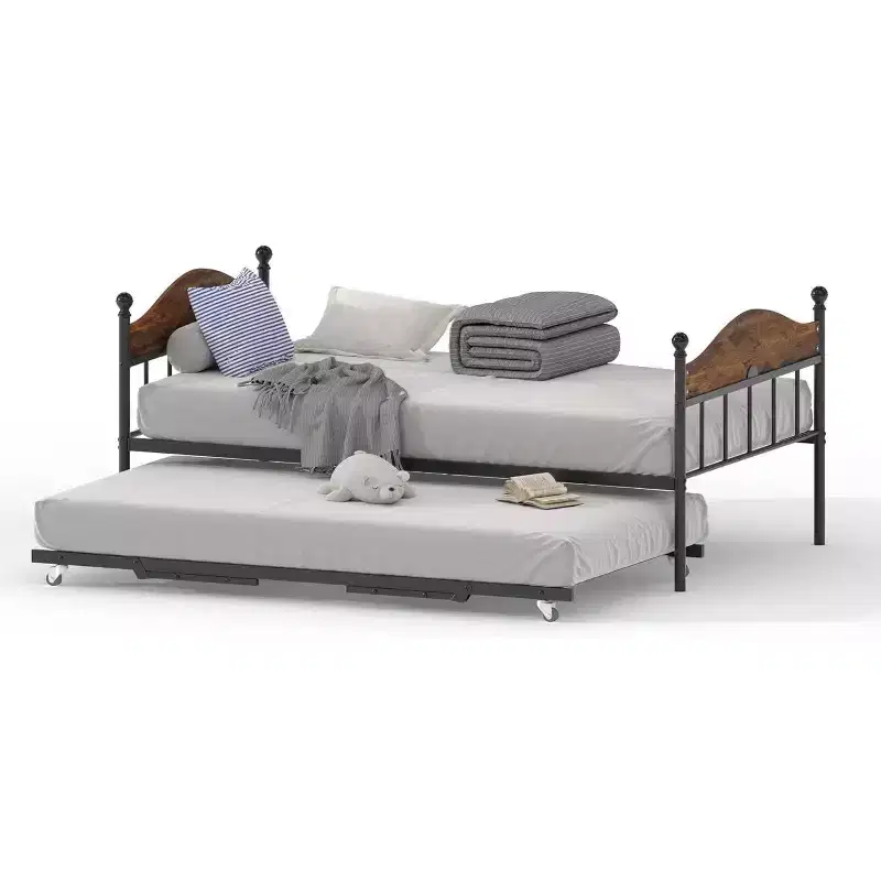 with Pop-Up Trundle, Metal Twin Bed Frame with Sofa-to-Bed Headboard, Reinforced Steel Slat Support, Rustic Brown