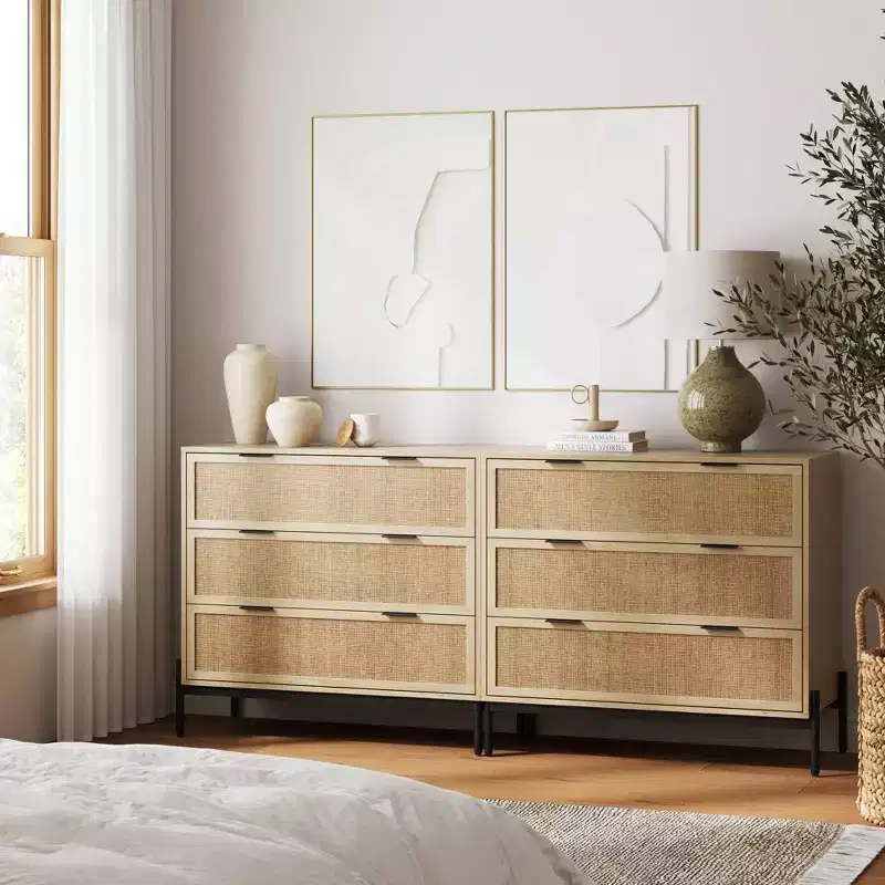 3-Drawer Storage Cabinet with Natural Rattan Accent and Metal Legs