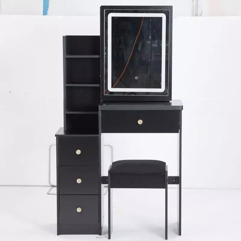 Okak Vanity Table and Chair Set, 29.2 Small Size Left Bedside Cabinet Vanity Table with Large Touch Control Sliding LED Mirror, Black