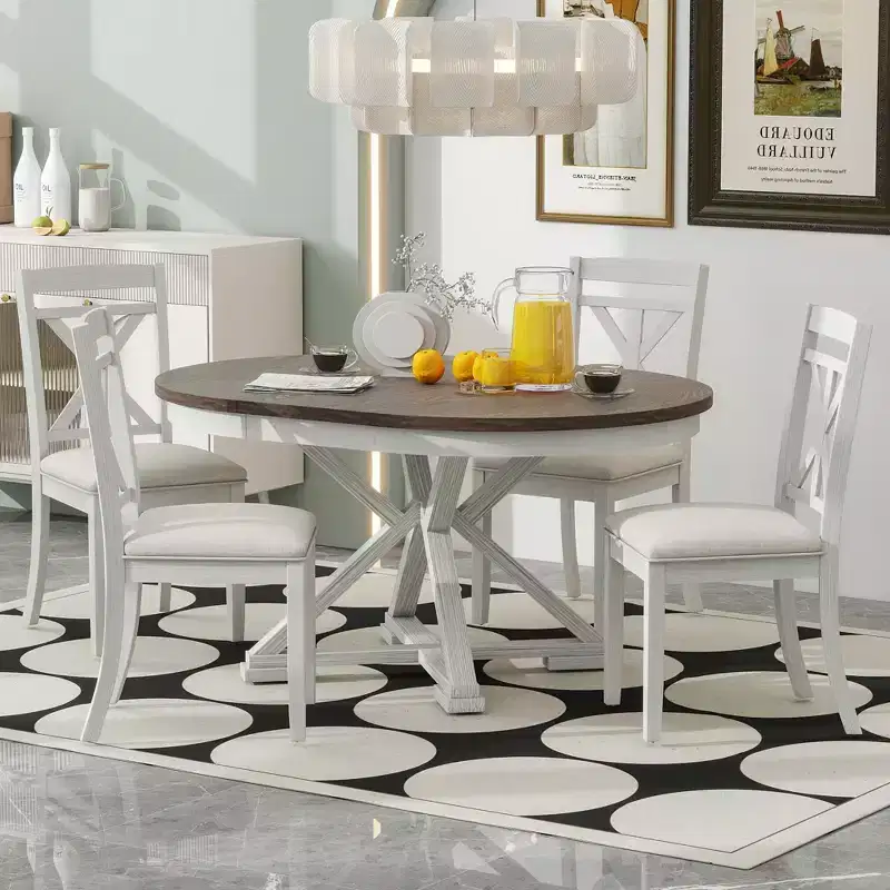 Farmhouse Extendable Round Dining Set for 4, Kitchen Dining Table Set with 4 Upholstered Dining Chairs for Dining Room
