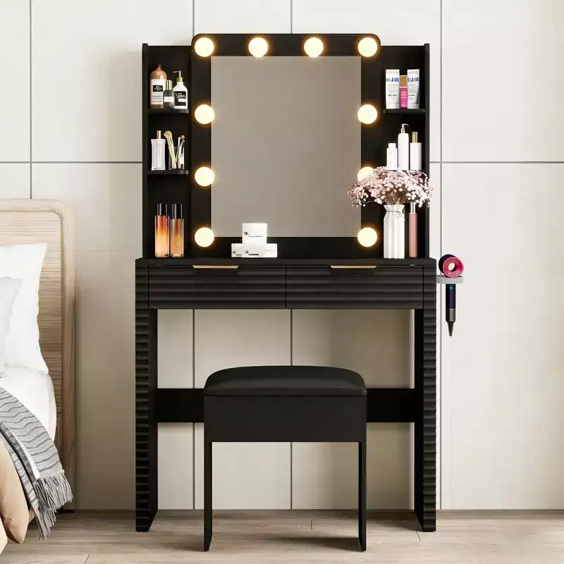 Makeup Vanity Desk Set Dressing Table with Storage Padded Stool, Mirror, 3 Color Lighted Bulb, Charging Station, Hair Dryer Holder, Black - ModernLuxe