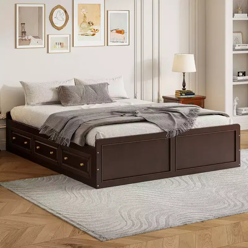 Queen Size Wood Platform Bed, Bed Frame with 6 Drawers -ModernLuxe