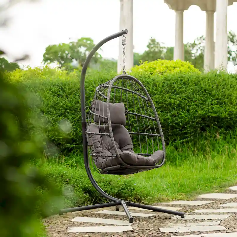 Hanging Egg Chair with Stand, Wicker Rattan & Aluminum Frame, All-Weather with Cushion and Headrest