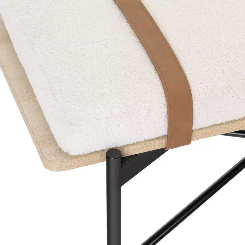 Entryway Bench – Removable Boucle Cushion, Vegan Leather Straps, Curved Edge