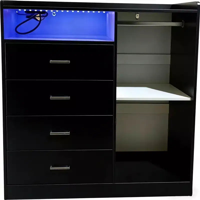 Modern LED Dresser With Open Wardrobe, 4 Drawers, And Space-Saving Design