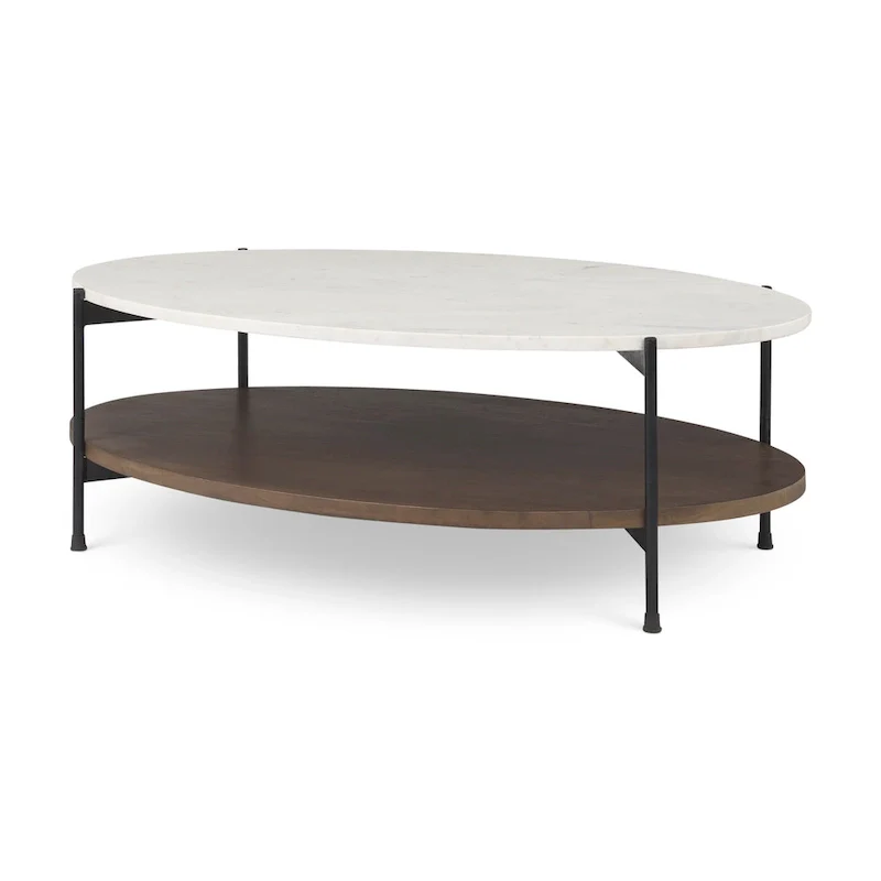 White Marble Top w/ Dark Brown Wood Shelf Oval Coffee Table
