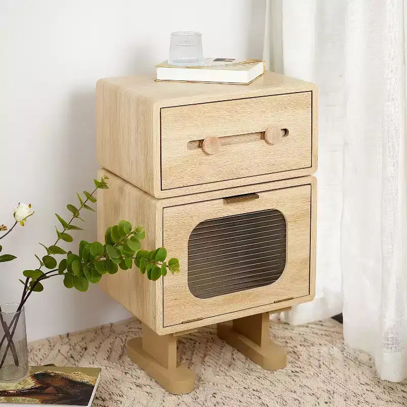 Robot-Style Swivel Side Table with Storage, Natural Finish
