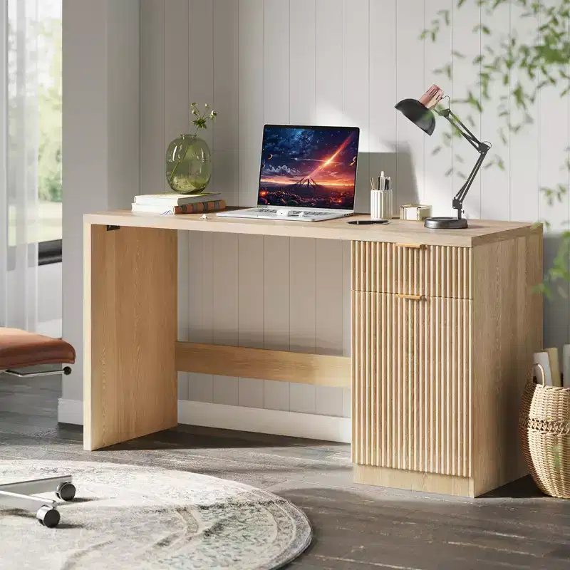 Modern Fluted Executive Desk  60in Wide Wooden Computer Workstation with Storage, Drawer & Cabinet, Large Oak Office Desk for Home, Study, Workspace