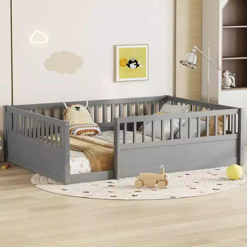 Bellemave Kids Floor Bed with Fence and Door, Solid Pine Wood Montessori Play Bed for Toddlers, Low Design for Safety & Independence