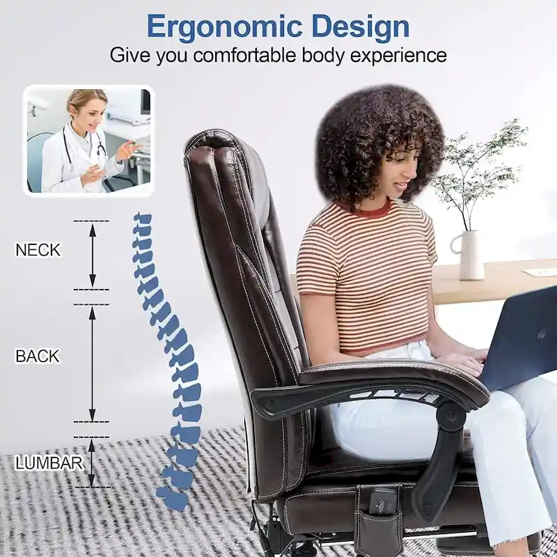 Ergonomic Heated Executive Office Chair, 2/4/6-Point Massage, Retractable Footrest, PU Leather