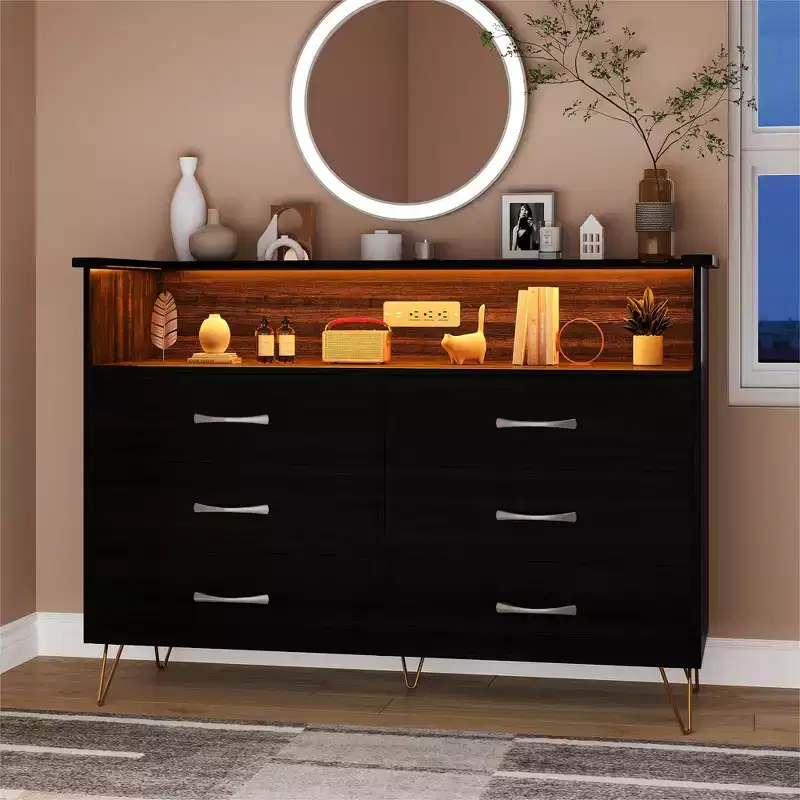 Dresser with LED Light & Charging Station, Storage Cabinet with 6 Drawers and 2 Open Shelves