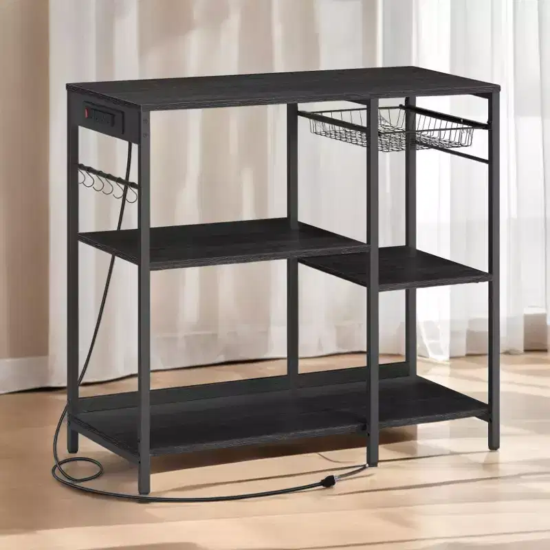 Baker's Rack Coffee Bar Stand with Charging Station, Pull-Out Wire Basket & Adjustable Shelves, 400 lbs